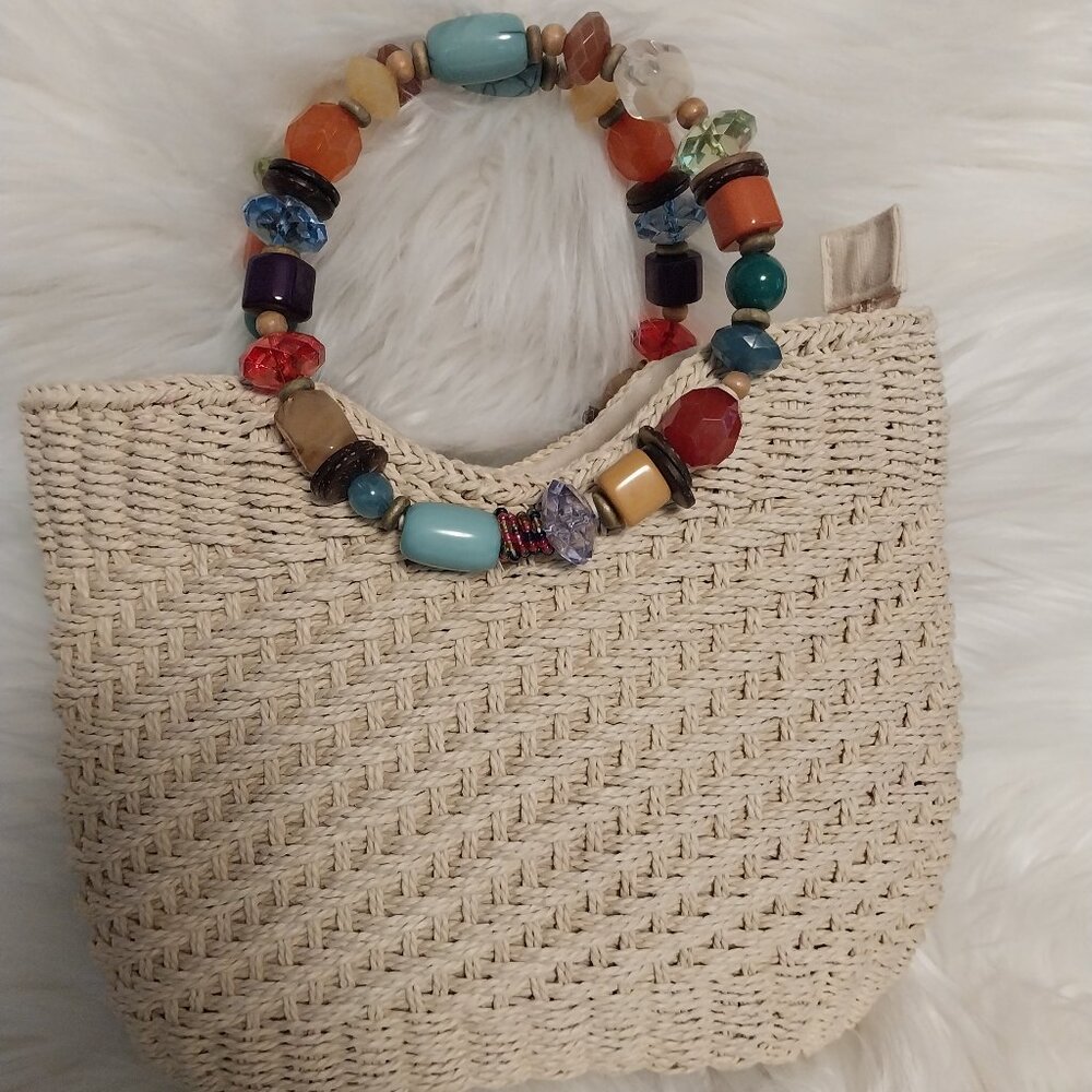 Beaded Handle Woven Straw Tote Bag in Cream